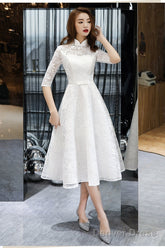 Lovely White Tea Length Lace Simple Short Sleeves Party Dress, White Lace Wedding Party Dress Graduation Dress